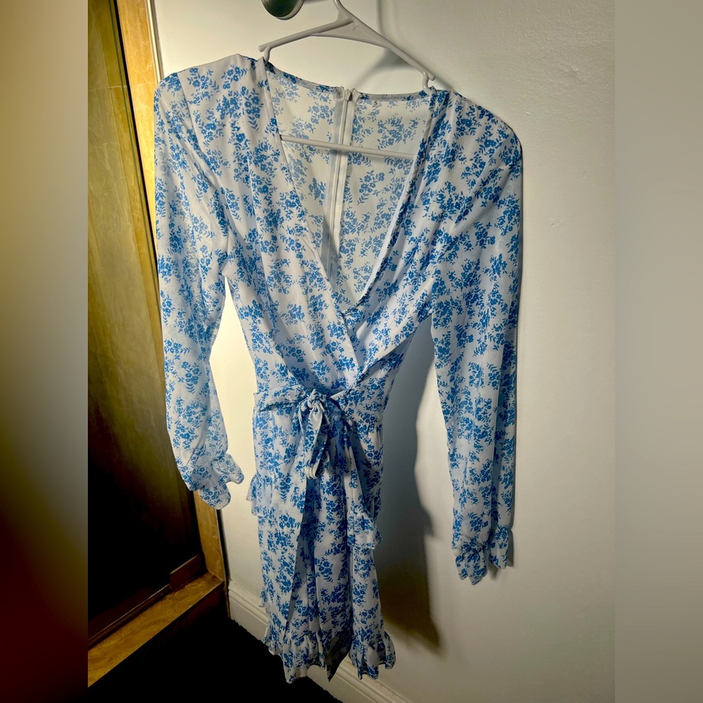 Blue and white wrap dress